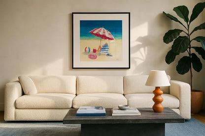 Summer Fun Umbrella by Avery Tillmon. Displayed in a glass frame with matte in a clean modern living room. Available as an archival giclee rolled canvas, fine art paper, or poster print. SKU 90788a.