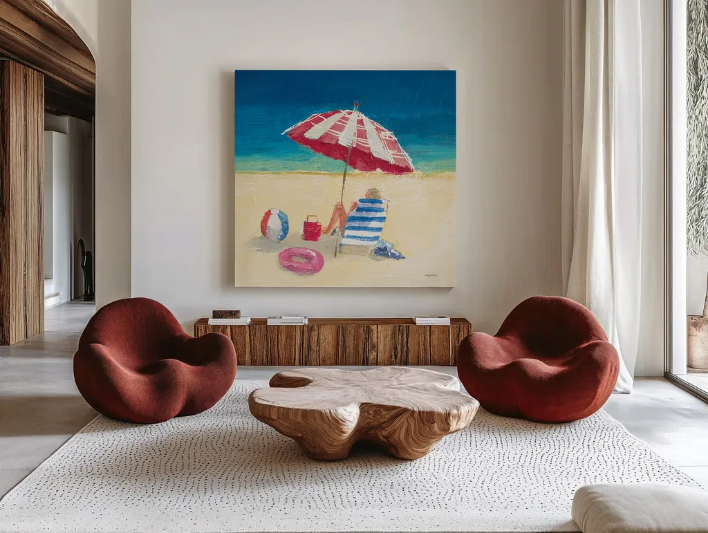 Summer Fun Umbrella by Avery Tillmon. Shown as extra-large giant wall art in a modern living room. Available as an archival giclee rolled canvas, fine art paper, or poster print. SKU 90788a.