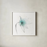 Teal Graphite Flower VIII by Avery Tillmon. Shown in a crisp white glass frame for a clean and minimalist style. Available as an archival giclee rolled canvas, fine art paper, or poster print. SKU 29757a.