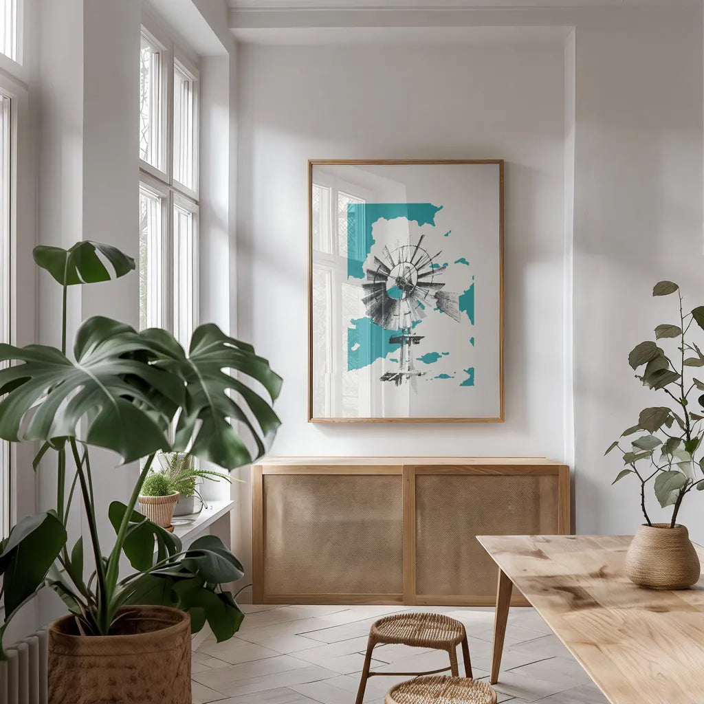 Texas Wind by Avery Tillmon. shown as a print in a natural wood frame in a dining room. Available as a archival giclee rolled canvas, fine art paper, or poster print. SKU 56283h.