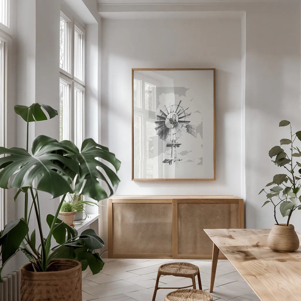 Texas Wind Neutral by Avery Tillmon. shown as a print in a natural wood frame in a dining room. Available as a archival giclee rolled canvas, fine art paper, or poster print. SKU 70453h.
