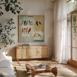 The Usual Suspects by Avery Tillmon. Shown in a natural wood frame in a cozy modern living room. Available as an archival giclee rolled canvas, fine art paper, or poster print. SKU 11225a.