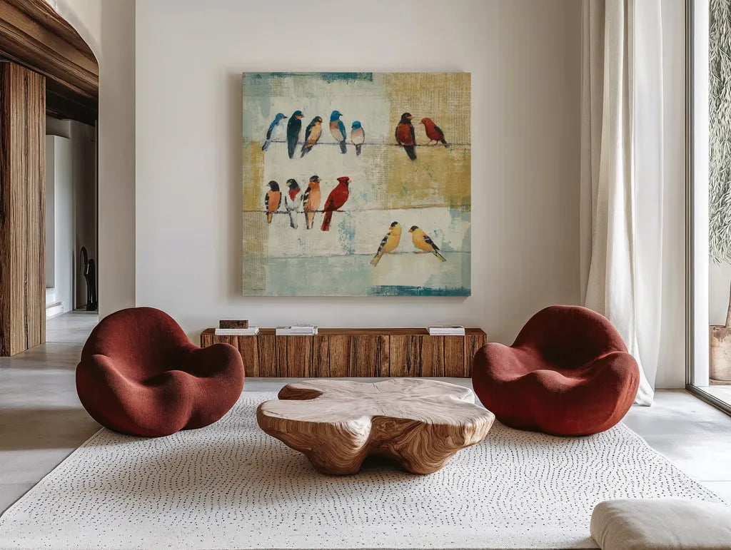 The Usual Suspects by Avery Tillmon. Shown as extra-large giant wall art in a modern living room. Available as an archival giclee rolled canvas, fine art paper, or poster print. SKU 11225a.