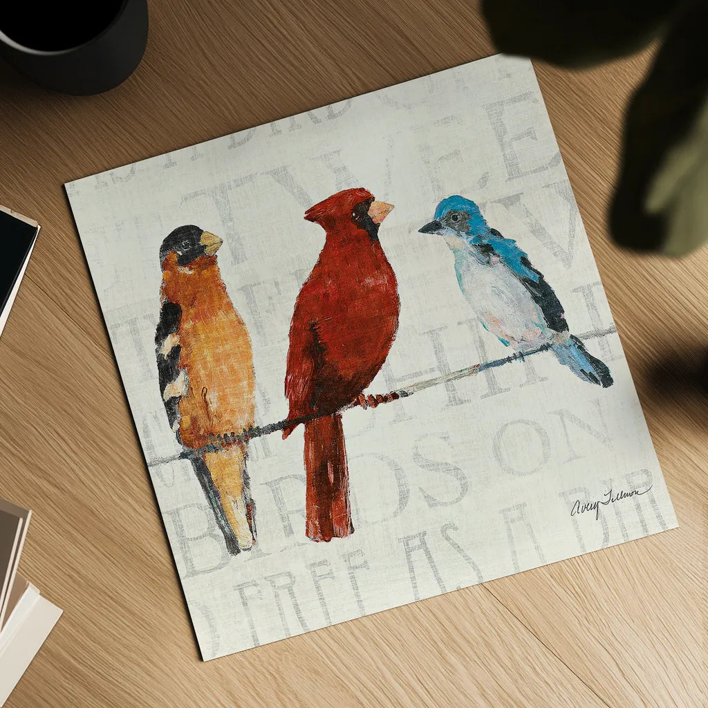 The Usual Suspects Bird Line I by Avery Tillmon. Shown as a detailed flat fine art print, highlighting archival giclee quality. Available as an archival giclee rolled canvas, fine art paper, or poster print. SKU 12440a.