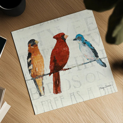 The Usual Suspects Bird Line I by Avery Tillmon. Shown as a detailed flat fine art print, highlighting archival giclee quality. Available as an archival giclee rolled canvas, fine art paper, or poster print. SKU 12440a.