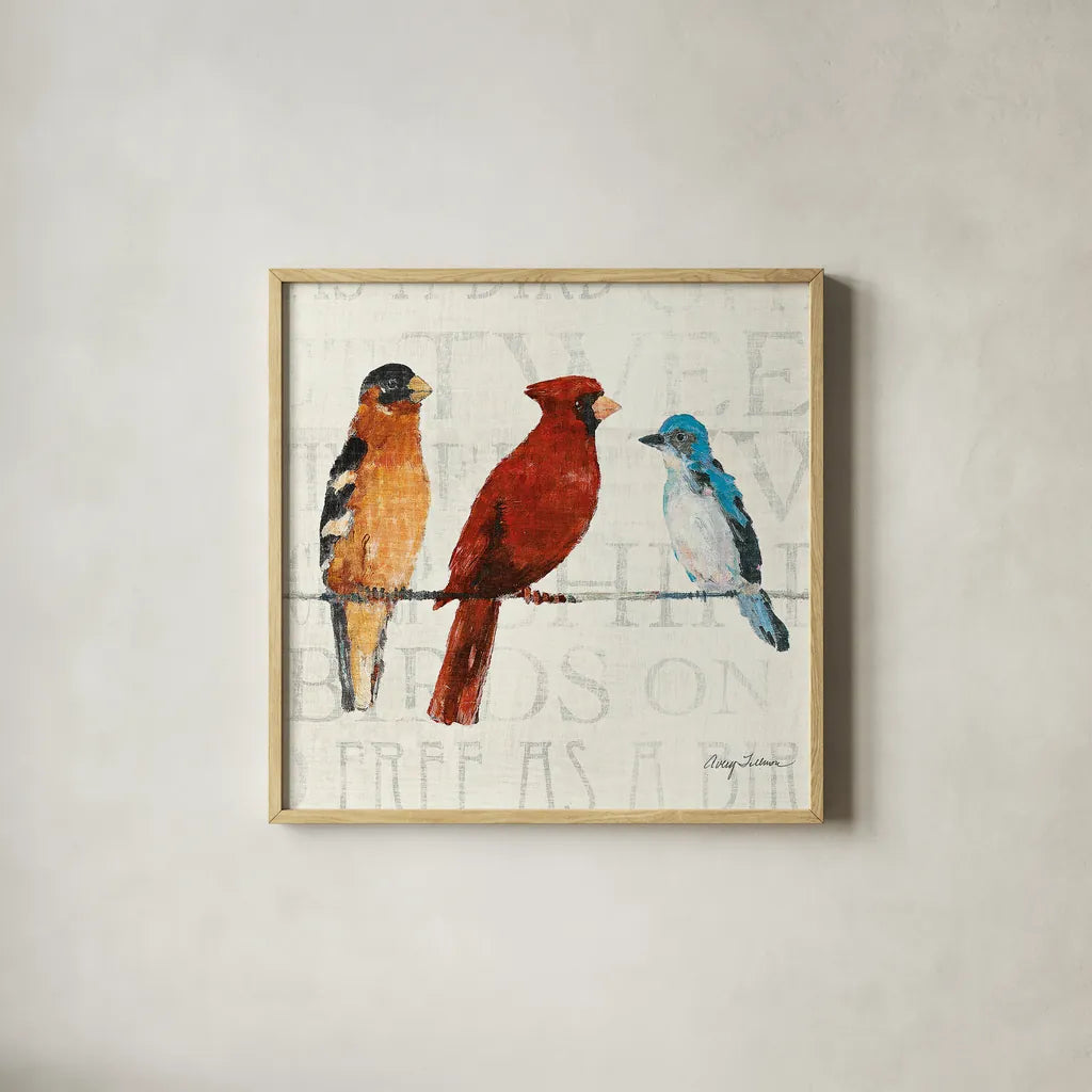 The Usual Suspects Bird Line I by Avery Tillmon. Shown in a natural wood glass frame for a timeless modern aesthetic. Available as an archival giclee rolled canvas, fine art paper, or poster print. SKU 12440a.