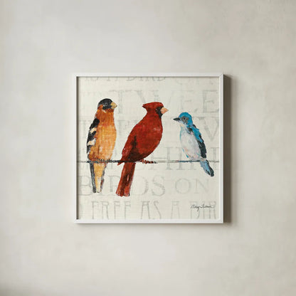 The Usual Suspects Bird Line I by Avery Tillmon. Shown in a crisp white glass frame for a clean and minimalist style. Available as an archival giclee rolled canvas, fine art paper, or poster print. SKU 12440a.
