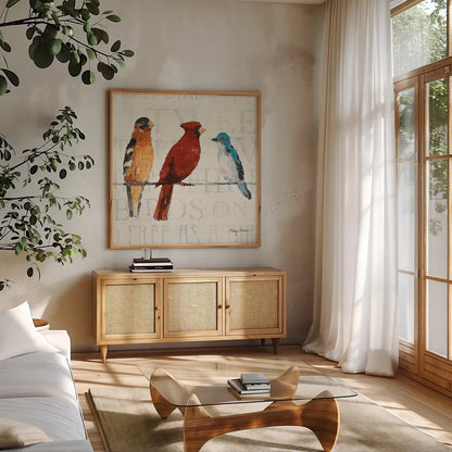 The Usual Suspects Bird Line I by Avery Tillmon. Shown in a natural wood frame in a cozy modern living room. Available as an archival giclee rolled canvas, fine art paper, or poster print. SKU 12440a.