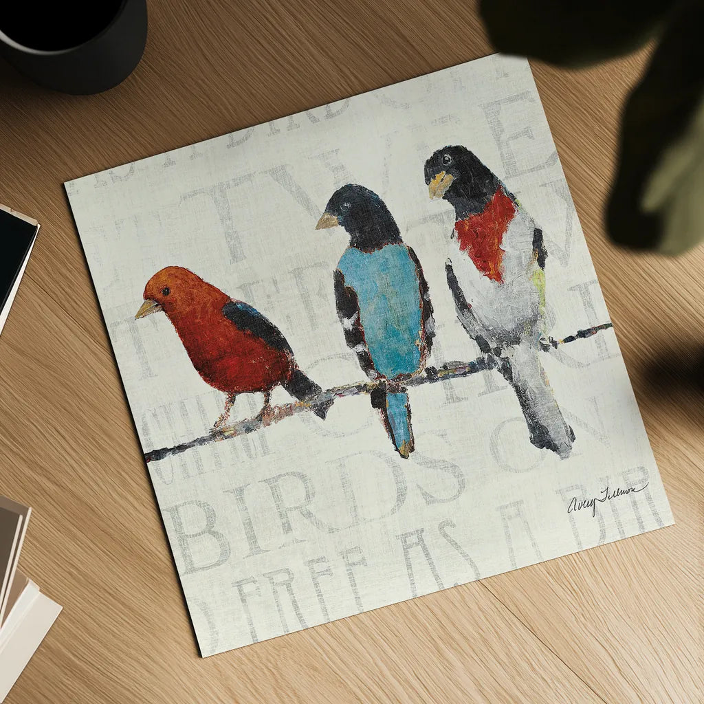 The Usual Suspects Bird Line III by Avery Tillmon. Shown as a detailed flat fine art print, highlighting archival giclee quality. Available as an archival giclee rolled canvas, fine art paper, or poster print. SKU 12442a.