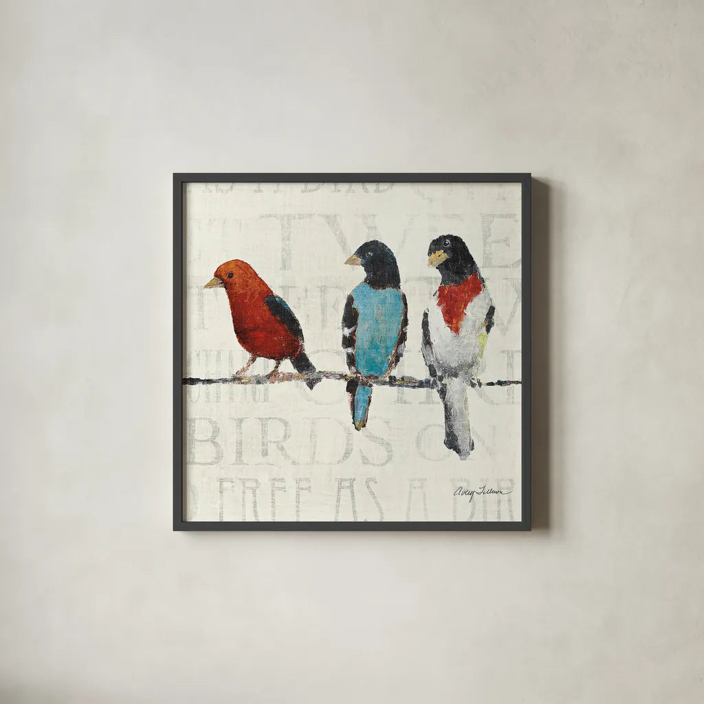 The Usual Suspects Bird Line III by Avery Tillmon. Shown in a sleek black glass frame for a contemporary gallery look. Available as an archival giclee rolled canvas, fine art paper, or poster print. SKU 12442a.