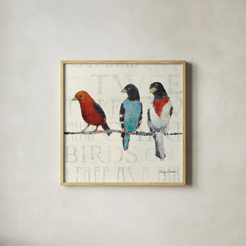The Usual Suspects Bird Line III by Avery Tillmon. Shown in a natural wood glass frame for a timeless modern aesthetic. Available as an archival giclee rolled canvas, fine art paper, or poster print. SKU 12442a.