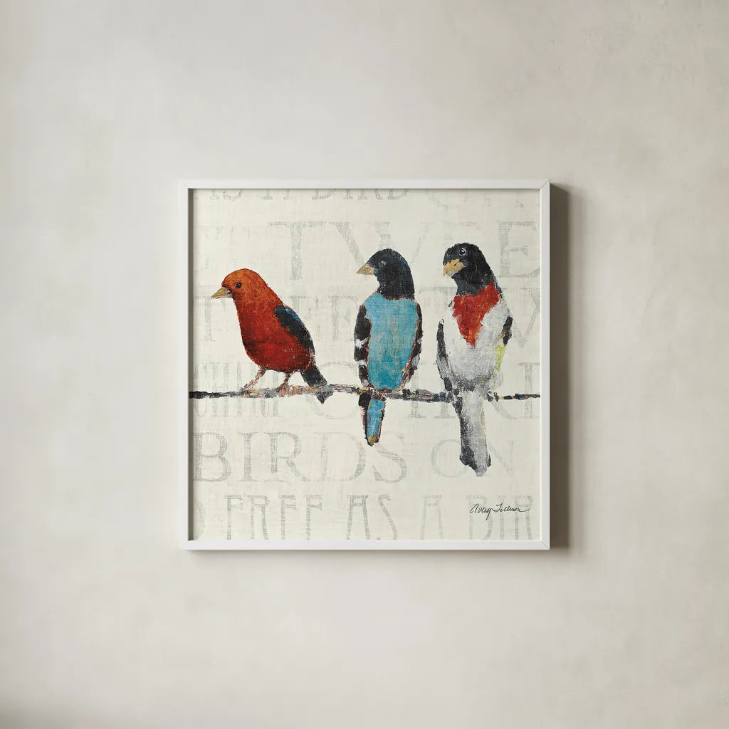 The Usual Suspects Bird Line III by Avery Tillmon. Shown in a crisp white glass frame for a clean and minimalist style. Available as an archival giclee rolled canvas, fine art paper, or poster print. SKU 12442a.