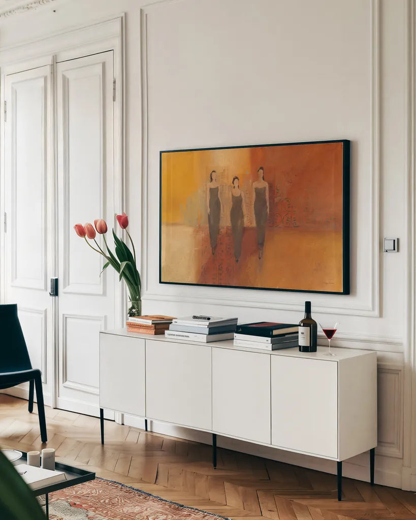 Three Graces II by Avery Tillmon. shown as a framed stretched canvas in a living room above a console. Available as a archival giclee rolled canvas, fine art paper, or poster print. SKU 1015i.
