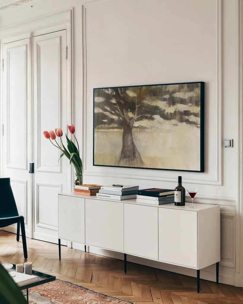 Tree at the Meadows Edge by Avery Tillmon. shown as a framed stretched canvas in a living room above a console. Available as a archival giclee rolled canvas, fine art paper, or poster print. SKU 36217i.