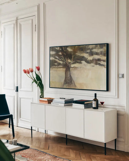 Tree at the Meadows Edge by Avery Tillmon. shown as a framed stretched canvas in a living room above a console. Available as a archival giclee rolled canvas, fine art paper, or poster print. SKU 36217i.