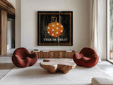 Trick or Treat Pumpkin by Avery Tillmon. Shown as extra-large giant wall art in a modern living room. Available as an archival giclee rolled canvas, fine art paper, or poster print. SKU 57885a.