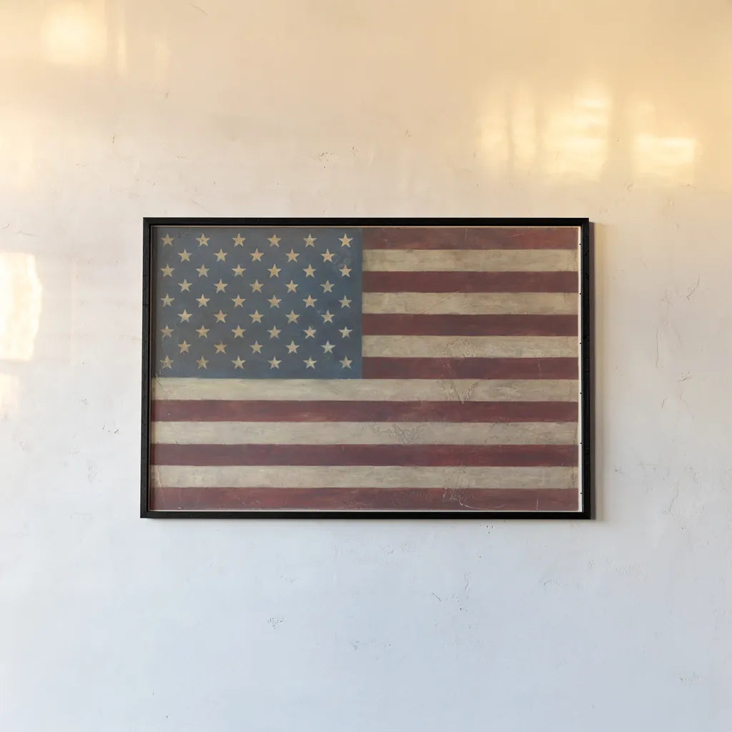 US Flag by Avery Tillmon. shown as a paper print in a black flame. Available as a archival giclee rolled canvas, fine art paper, or poster print. SKU 15679i.