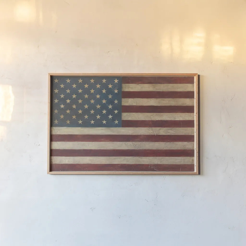 US Flag by Avery Tillmon. shown as a paper print in a natural frame. Available as a archival giclee rolled canvas, fine art paper, or poster print. SKU 15679i.