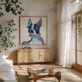 Ulysses Watercolor Pastel by Avery Tillmon. Shown in a natural wood frame in a cozy modern living room. Available as an archival giclee rolled canvas, fine art paper, or poster print. SKU 30460a.