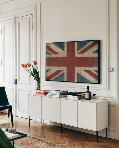 Union Jack by Avery Tillmon. shown as a framed stretched canvas in a living room above a console. Available as a archival giclee rolled canvas, fine art paper, or poster print. SKU 2416i.