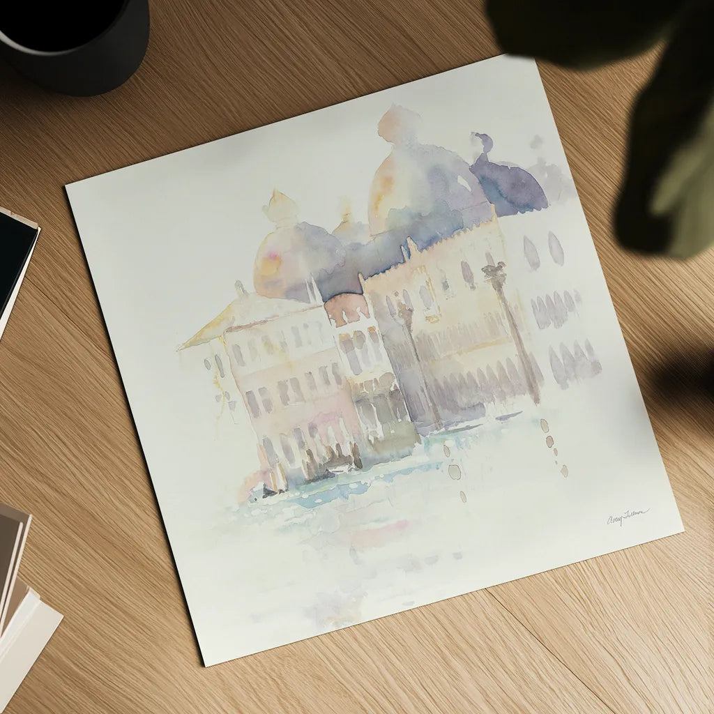 Venice Evening Square by Avery Tillmon. Shown as a detailed flat fine art print, highlighting archival giclee quality. Available as an archival giclee rolled canvas, fine art paper, or poster print. SKU 22194a.