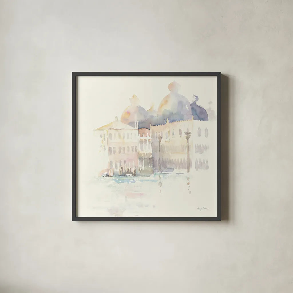 Venice Evening Square by Avery Tillmon. Shown in a sleek black glass frame for a contemporary gallery look. Available as an archival giclee rolled canvas, fine art paper, or poster print. SKU 22194a.