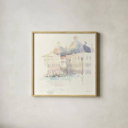 Venice Evening Square by Avery Tillmon. Shown in a natural wood glass frame for a timeless modern aesthetic. Available as an archival giclee rolled canvas, fine art paper, or poster print. SKU 22194a.