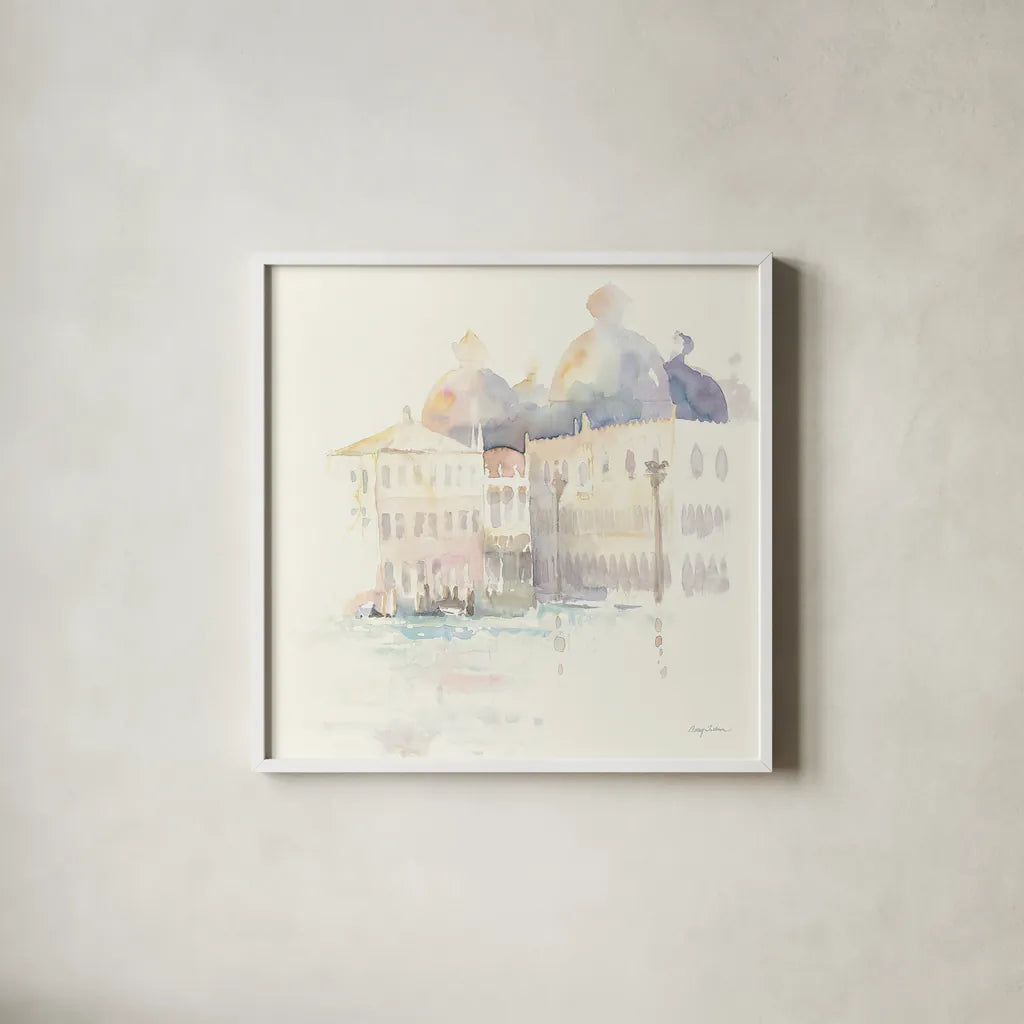 Venice Evening Square by Avery Tillmon. Shown in a crisp white glass frame for a clean and minimalist style. Available as an archival giclee rolled canvas, fine art paper, or poster print. SKU 22194a.