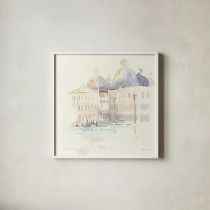Venice Evening Square by Avery Tillmon. Shown in a crisp white glass frame for a clean and minimalist style. Available as an archival giclee rolled canvas, fine art paper, or poster print. SKU 22194a.
