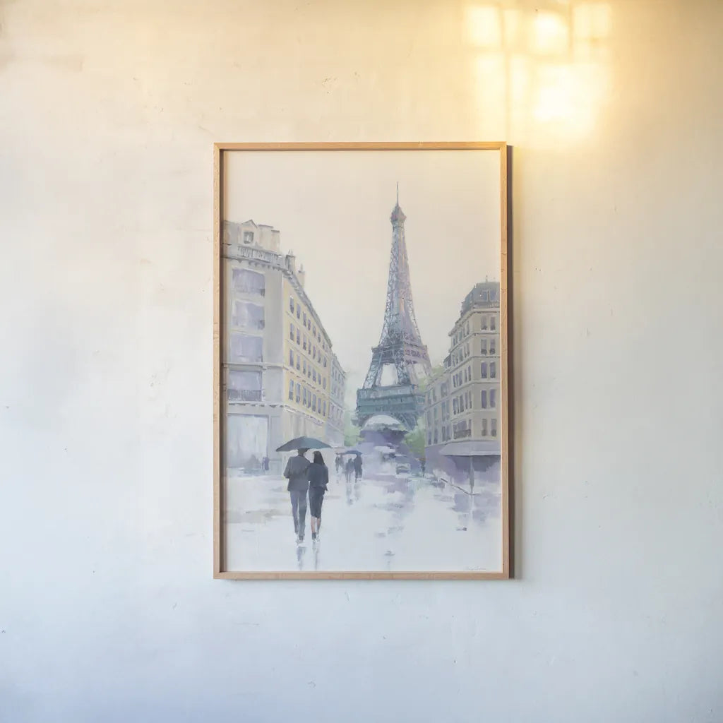 Walking in the Rain by Avery Tillmon. shown as a paper print in a natural frame. Available as a archival giclee rolled canvas, fine art paper, or poster print. SKU 37247h.