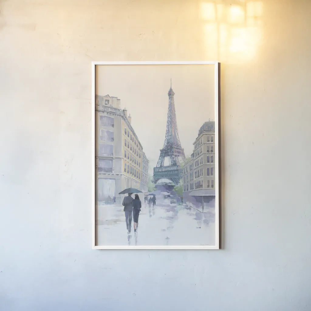 Walking in the Rain by Avery Tillmon. shown as a paper print in a white frame. Available as a archival giclee rolled canvas, fine art paper, or poster print. SKU 37247h.