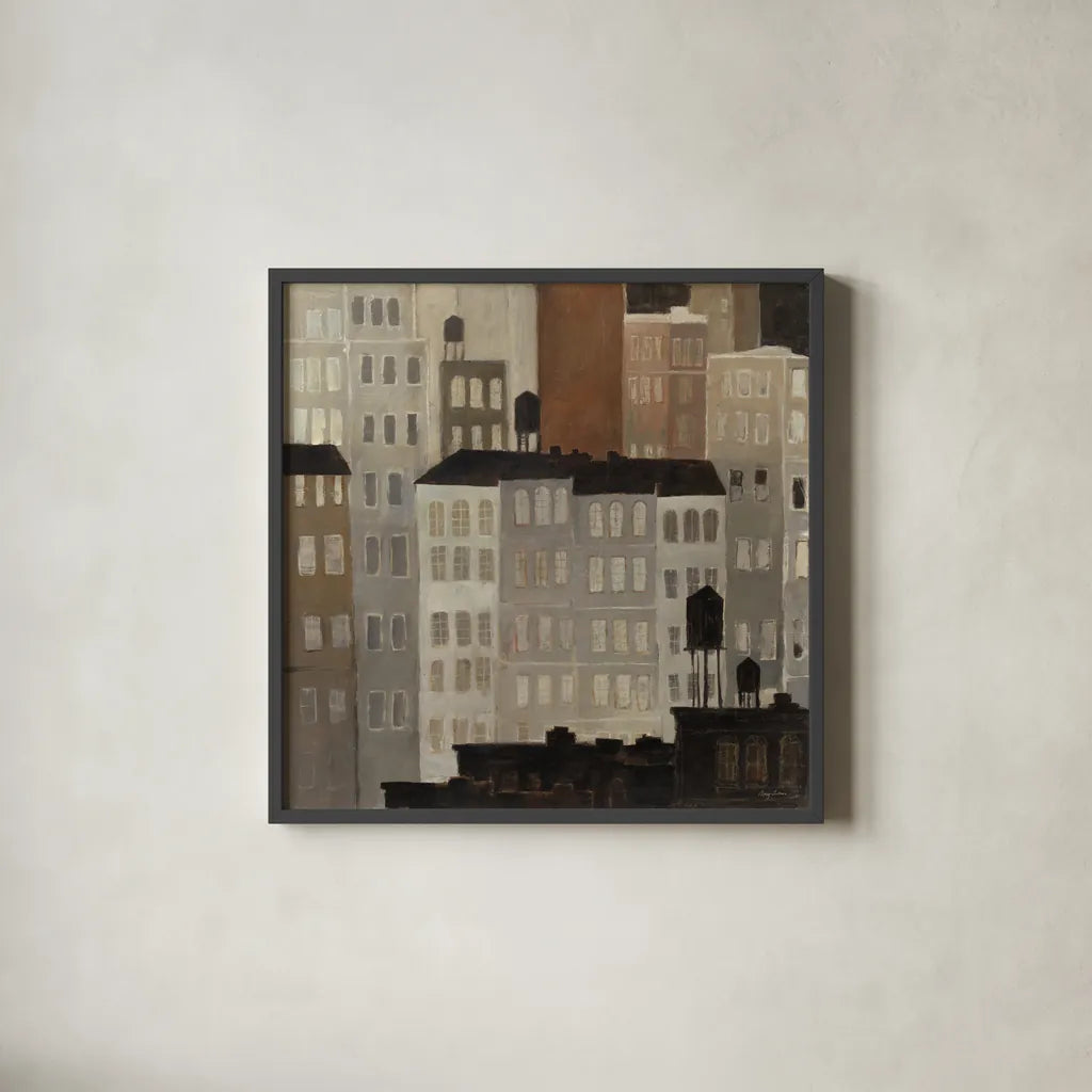 Water Towers by Avery Tillmon. Shown in a sleek black glass frame for a contemporary gallery look. Available as an archival giclee rolled canvas, fine art paper, or poster print. SKU 49464a.