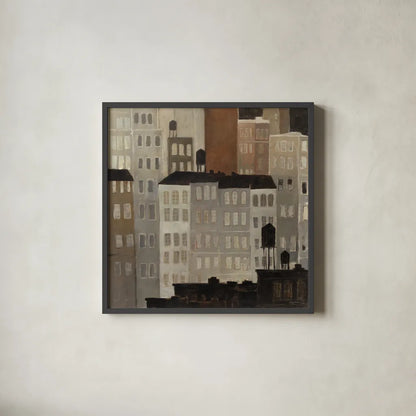 Water Towers by Avery Tillmon. Shown in a sleek black glass frame for a contemporary gallery look. Available as an archival giclee rolled canvas, fine art paper, or poster print. SKU 49464a.