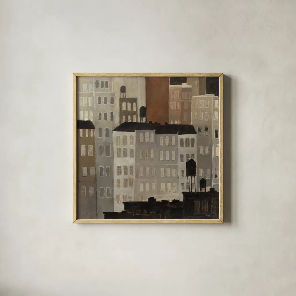 Water Towers by Avery Tillmon. Shown in a natural wood glass frame for a timeless modern aesthetic. Available as an archival giclee rolled canvas, fine art paper, or poster print. SKU 49464a.