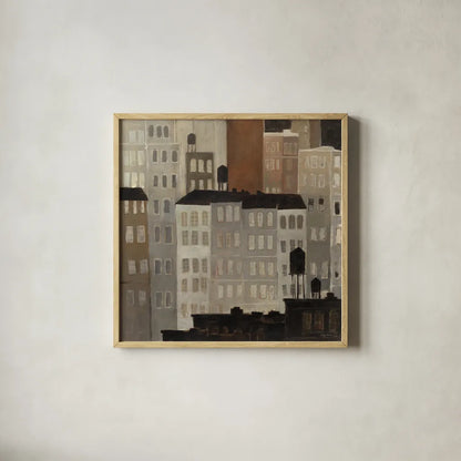 Water Towers by Avery Tillmon. Shown in a natural wood glass frame for a timeless modern aesthetic. Available as an archival giclee rolled canvas, fine art paper, or poster print. SKU 49464a.