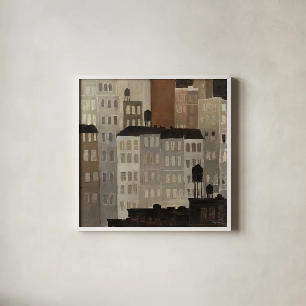 Water Towers by Avery Tillmon. Shown in a crisp white glass frame for a clean and minimalist style. Available as an archival giclee rolled canvas, fine art paper, or poster print. SKU 49464a.