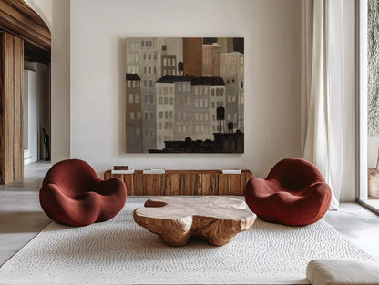 Water Towers by Avery Tillmon. Shown as extra-large giant wall art in a modern living room. Available as an archival giclee rolled canvas, fine art paper, or poster print. SKU 49464a.