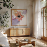 Watercolor Graphite Flower II by Avery Tillmon. Shown in a natural wood frame in a cozy modern living room. Available as an archival giclee rolled canvas, fine art paper, or poster print. SKU 29751a.