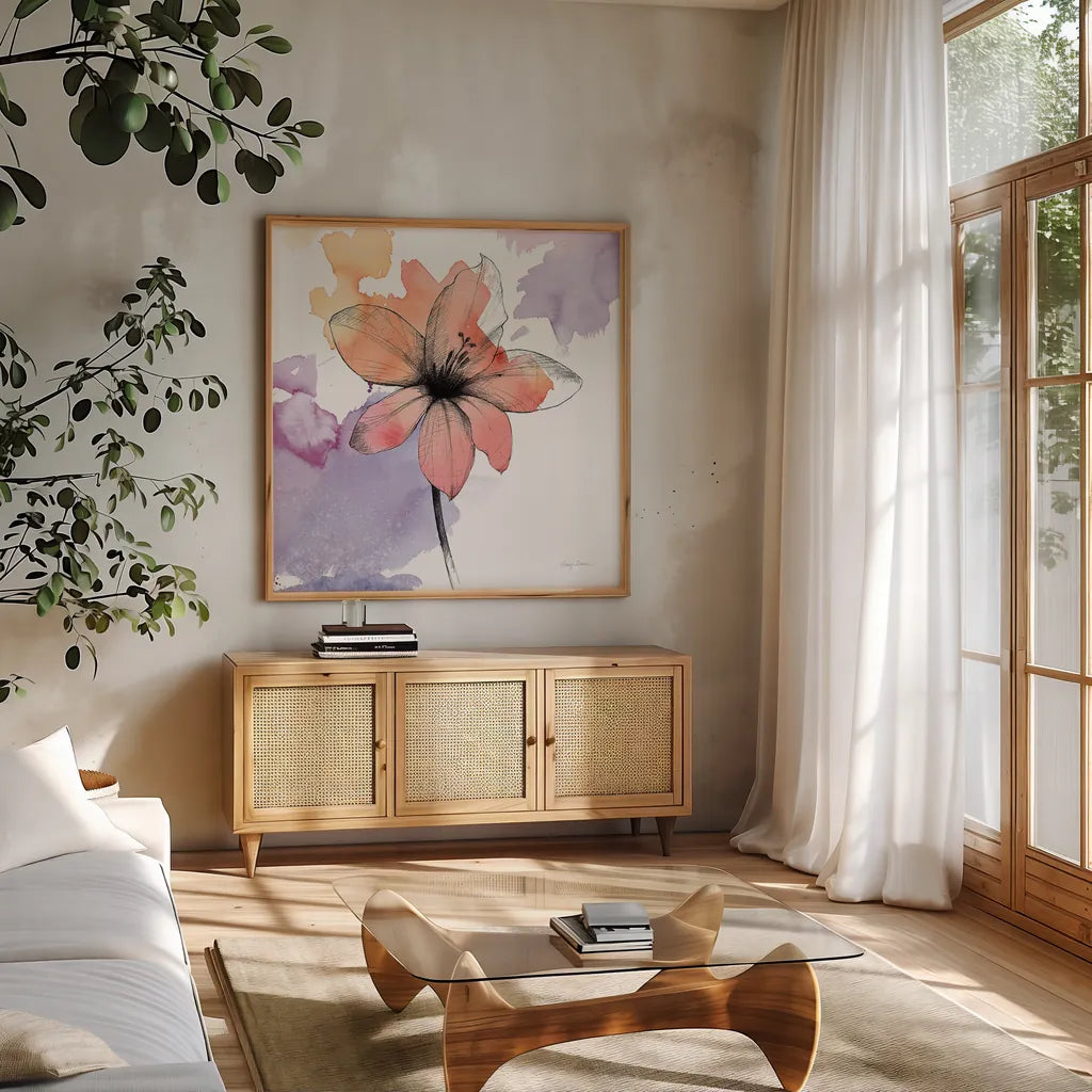 Watercolor Graphite Flower II by Avery Tillmon. Shown in a natural wood frame in a cozy modern living room. Available as an archival giclee rolled canvas, fine art paper, or poster print. SKU 29751a.