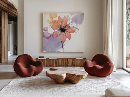 Watercolor Graphite Flower II by Avery Tillmon. Shown as extra-large giant wall art in a modern living room. Available as an archival giclee rolled canvas, fine art paper, or poster print. SKU 29751a.