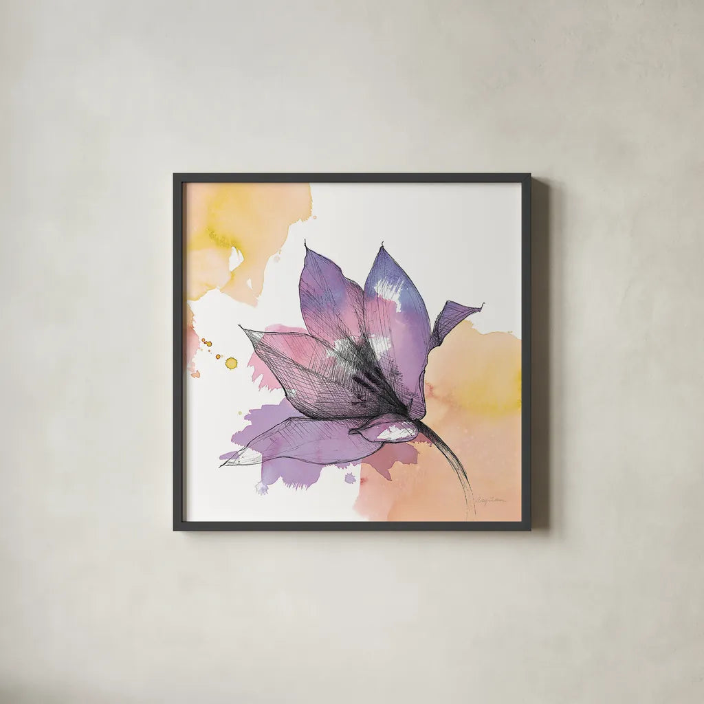 Watercolor Graphite Flower IX by Avery Tillmon. Shown in a sleek black glass frame for a contemporary gallery look. Available as an archival giclee rolled canvas, fine art paper, or poster print. SKU 29754a.