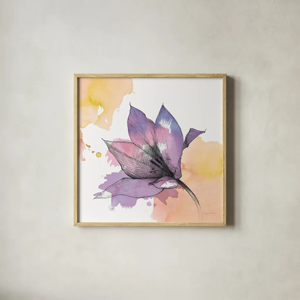 Watercolor Graphite Flower IX by Avery Tillmon. Shown in a natural wood glass frame for a timeless modern aesthetic. Available as an archival giclee rolled canvas, fine art paper, or poster print. SKU 29754a.