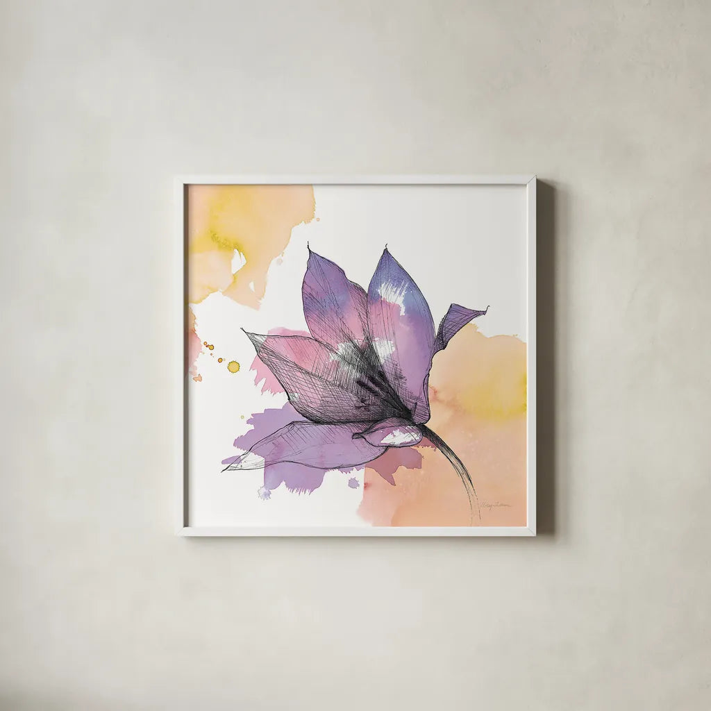 Watercolor Graphite Flower IX by Avery Tillmon. Shown in a crisp white glass frame for a clean and minimalist style. Available as an archival giclee rolled canvas, fine art paper, or poster print. SKU 29754a.