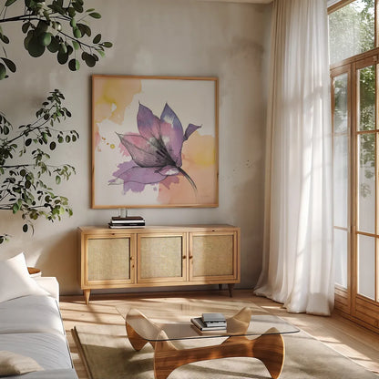 Watercolor Graphite Flower IX by Avery Tillmon. Shown in a natural wood frame in a cozy modern living room. Available as an archival giclee rolled canvas, fine art paper, or poster print. SKU 29754a.