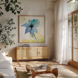 Watercolor Graphite Flower V by Avery Tillmon. Shown in a natural wood frame in a cozy modern living room. Available as an archival giclee rolled canvas, fine art paper, or poster print. SKU 29752a.