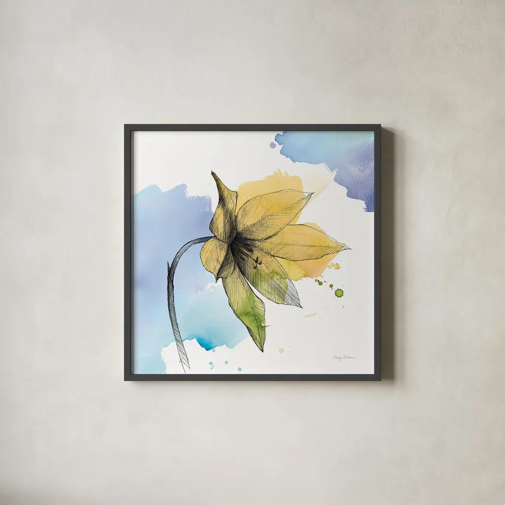 Watercolor Graphitge Flower VIII by Avery Tillmon. Shown in a sleek black glass frame for a contemporary gallery look. Available as an archival giclee rolled canvas, fine art paper, or poster print. SKU 29753a.