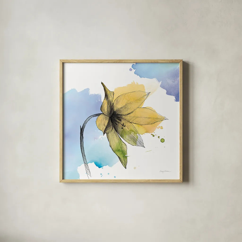 Watercolor Graphitge Flower VIII by Avery Tillmon. Shown in a natural wood glass frame for a timeless modern aesthetic. Available as an archival giclee rolled canvas, fine art paper, or poster print. SKU 29753a.