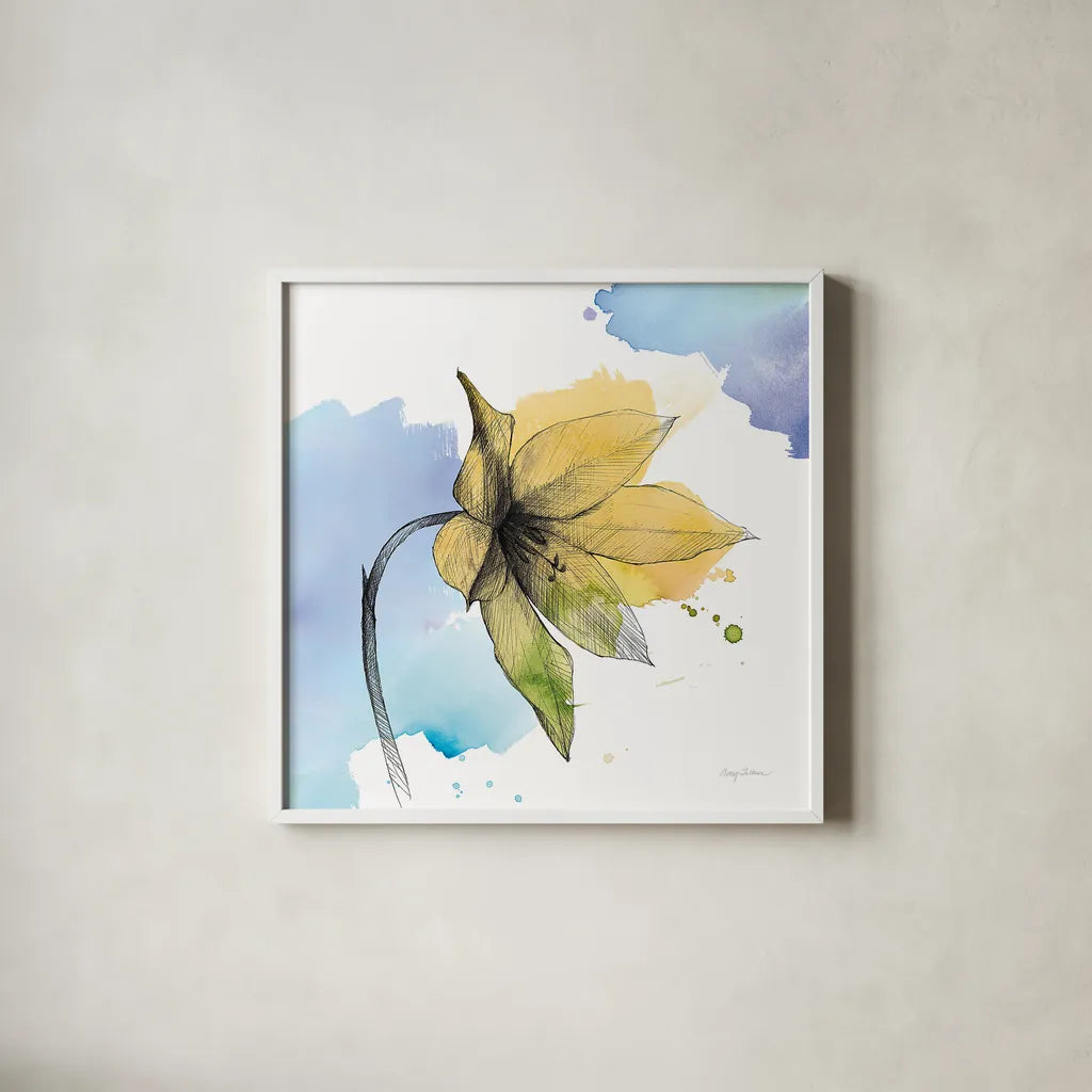 Watercolor Graphitge Flower VIII by Avery Tillmon. Shown in a crisp white glass frame for a clean and minimalist style. Available as an archival giclee rolled canvas, fine art paper, or poster print. SKU 29753a.