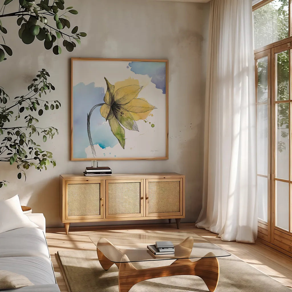 Watercolor Graphitge Flower VIII by Avery Tillmon. Shown in a natural wood frame in a cozy modern living room. Available as an archival giclee rolled canvas, fine art paper, or poster print. SKU 29753a.