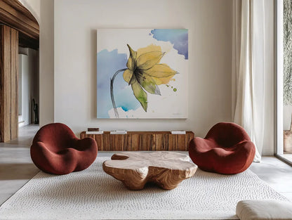 Watercolor Graphitge Flower VIII by Avery Tillmon. Shown as extra-large giant wall art in a modern living room. Available as an archival giclee rolled canvas, fine art paper, or poster print. SKU 29753a.